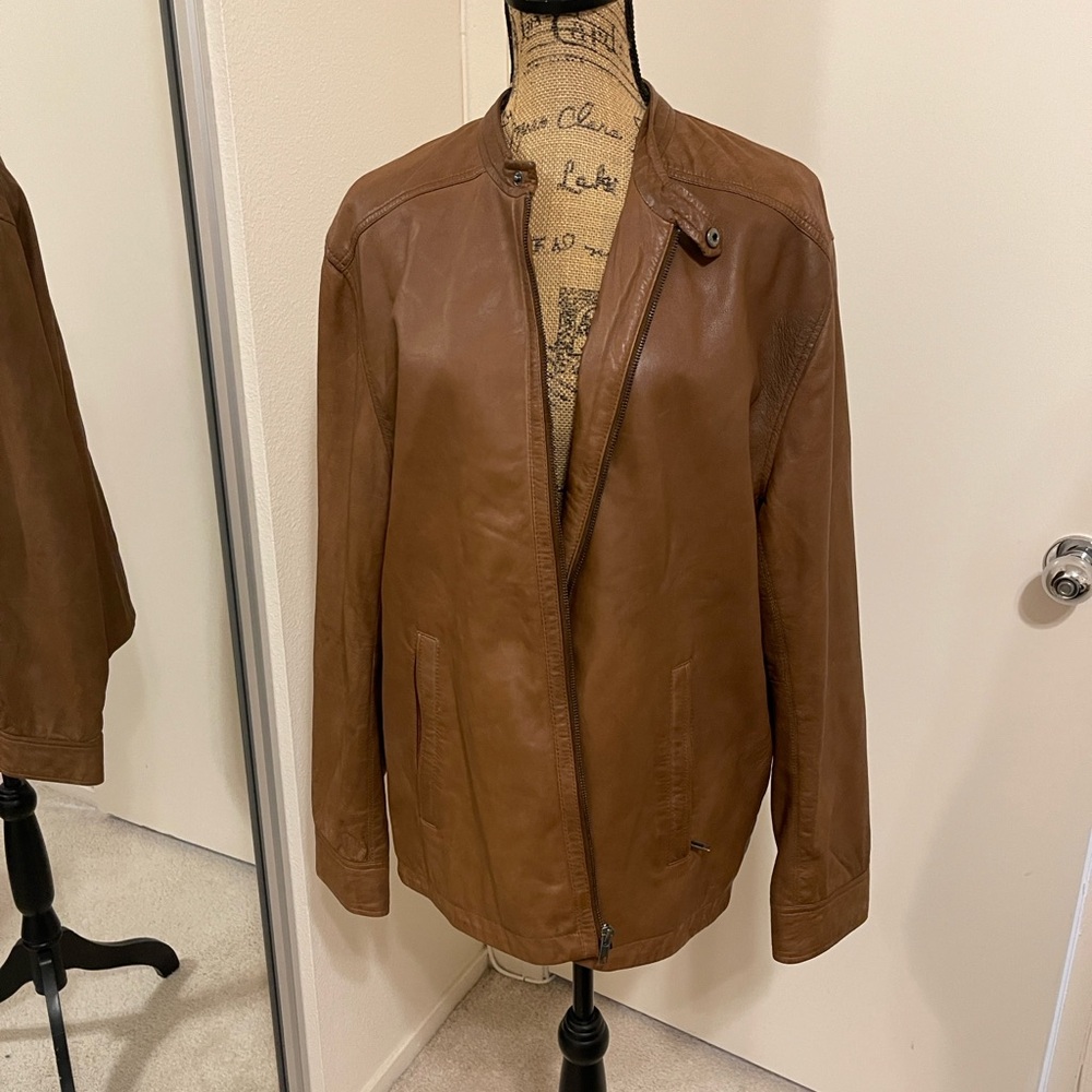 Tasso Elba Tan Leather Bomber Jacket - Picture 4 of 8
